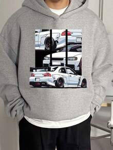 Tween Boy Cartoon Car Print Warm Hoodie Sweatshirt - Grey - View 7