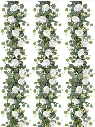 1/2 件，70 英寸/5.9 英尺，人造桉树花环配泡沫白玫瑰，假玫瑰花环绿色花藤，适用于复活节、母亲节装饰、房间装饰、卧室装饰、婚礼派对装饰、桌旗、窗帘装饰、浴室装饰、家居装饰（白色）