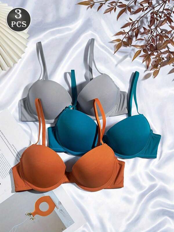 3 piezas Sujetadores con aros y relleno delgado de unicolor para mujer