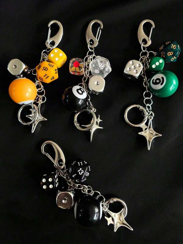 1pc Unisex Creative Dice Keychain, Fashion Four-Pointed Star Chain Pendant, Bag Charm, Mini Black Eight-Ball Dice Beaded Backpack Pendant, Handmade DIY Pendant, Retro Keychain, Car Pendant, Suitable For Holiday Gifts, Travel Accessories