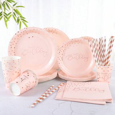 120 pezzi Set per festa di compleanno con base rosa e pois oro rosa, piatti da 7/9 pollici rosa e oro rosa a pois, cannucce a righe oro rosa, piatti e tovaglioli di carta stagnola, adatto per feste di compleanno