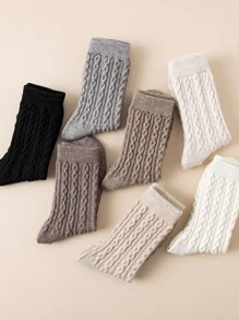 1 Pair/7 Pairs Pack Women's Crew Socks, Multicolor Cashmere Blend Cable Knit Design, Soft & Comfortable, Odor-Resistant, Sweat-Absorbent, Retro Style, Regular/Ankle Length, All Season