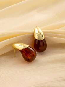 夏季复古水滴树脂金耳钉，优雅的琥珀色和咖啡色耳环适合约会、聚会、度假和日常佩戴 - 金色 - 查看 2