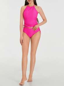 Charming Women Bikini Set, Neck Hanger Sleeveless Backless Crop Tops Solid Color Panties For Summer, Women Clothing - 玫紅色 - 查看 7