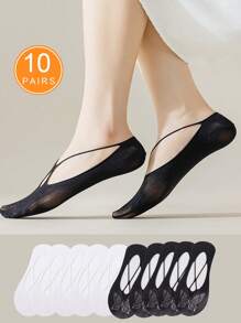 5 Pairs Solid Color Bow Cartoon Women Summer Thin Mesh Breathable Invisible Socks With Silicone Anti-Slip Boat Socks