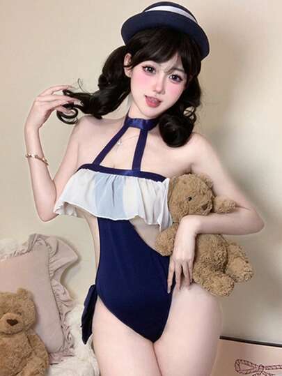 1 Conjunto de lencería sexy de mujer con contraste sólido de estilo halter, body de estilo anime soft girl con bondage, disfraz de juego de roles provocativo para Halloween