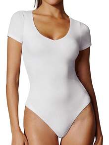 IUGA Bodysuits Women Tummy Control Short Sleeve Body Suits Womens Compression Slimming Thong Bodysuit - White - View 1