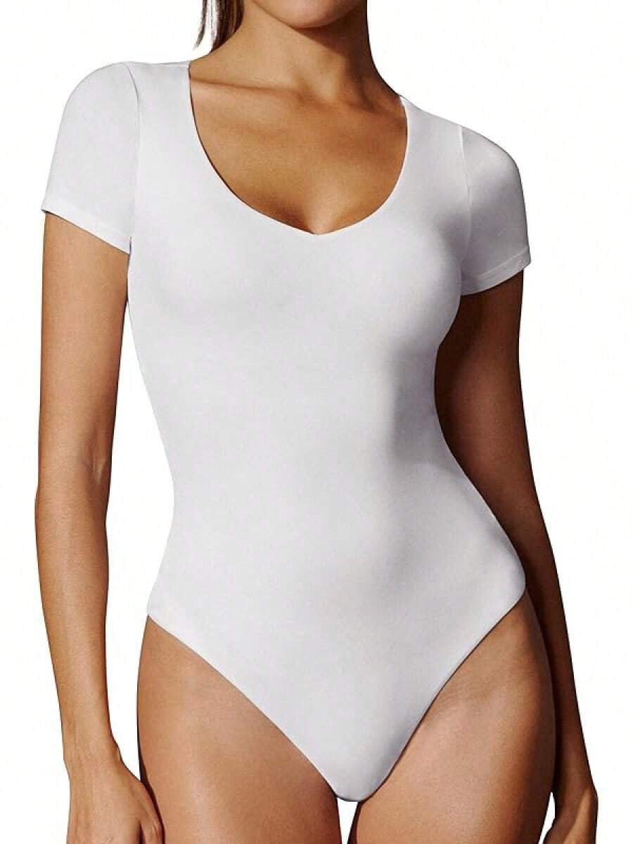 IUGA Bodysuits Women Tummy Control Short Sleeve Body Suits Womens Compression Slimming Thong Bodysuit - White - View 1