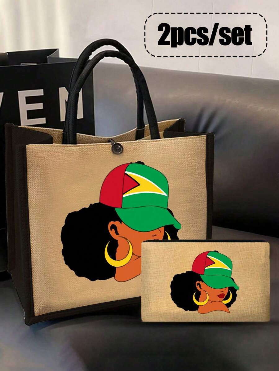 Lightweight Handbag And Matching Makeup Bag - Made Of Waterproof And Easy To Clean Fabric, With A Hat And The "" Letter Pattern For Women, Suitable For Shopping, Travel, Beaches, Teacher Thank-You Gifts, And Women's Linen Large Capacity Handbags. Innovative Design And Large Capacity Make It An Ideal Shopping Bag.