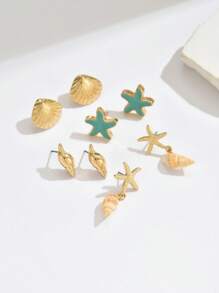 3 Pairs Women Vintage Ocean Themed Seahorse, Starfish, Shell Stud Earring Set, Suitable For Beach & Holiday Wear