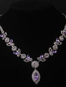 Luxury Purple Bling Rhinestone Necklace Earrings Set,Bride Wedding Dress Accessories, Stage Show Jewelry