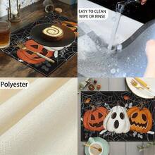 4 pièces Sets de table en lin imprimés d'éléments de citrouille, de diable et de crâne pour Halloween - Sets de table rectangulaires en lin tissé, à utiliser dans le salon, la cuisine, la table de café, la décoration de table de salle à manger