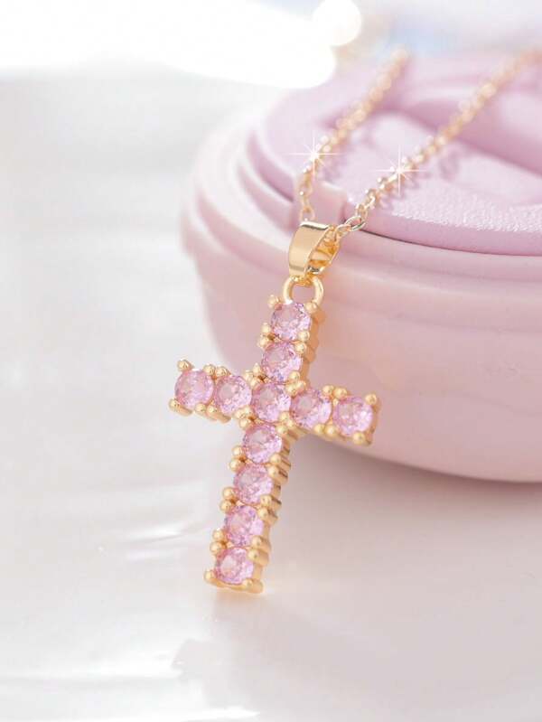1pc Fashionable Elegant & Cute Rhinestone Cross Necklace, Women's Jewelry Gift For Date, Birthday Or Best Friend, No Gift Box