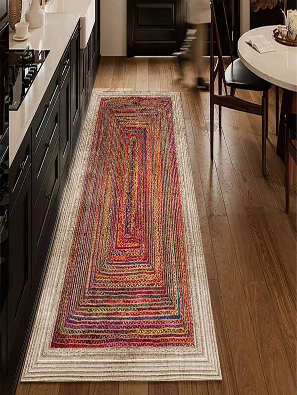 1 pieza Alfombra de cocina bohemia lavable y antideslizante, con patrón de rayas y geométrico vibrante en rojo, de silicona antideslizante, de absorción rápida y fácil de limpiar, adecuada para cocina, comedor, baño, lavandería y entrada