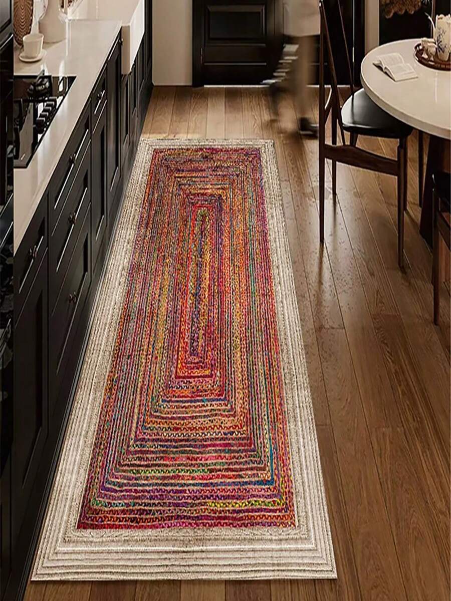 1 件可水洗防滑彩色波西米亚厨房垫，红色鲜艳条纹和几何图案硅胶防滑地毯，快速吸水，易于清洁，适用于厨房、餐厅、浴室、洗衣房和入口