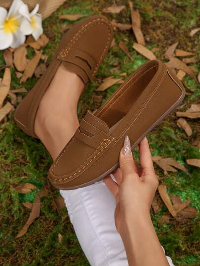 1 双女士纯棕色复古平底软底乐福鞋，时尚透气一脚蹬鞋