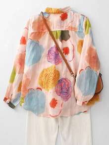 女式休闲花卉印花纽扣长袖衬衫，秋季 - 彩色 - 查看 2