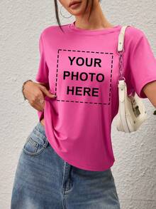 Customizable Cream Yellow Personalized Women's T-Shirt - Add Your Own Photo/Text (Family Photo/Selfie/Slogan/Journal), Design Your Own Custom Printed T-Shirt, Fashionable, Hip-Hop, Unique Women's Clothing, Can Be Given As A Gift To Your Girlfriend, Family, Friends, Children, Unleash Your Design Creativity. - Hot Pink - View 5