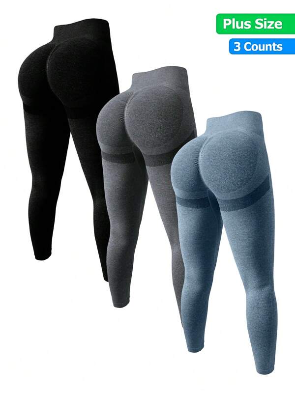 TNTOR 3pcs/Set Plus Size High Waist Lifting Fitness Leggings, High Elasticity Quick-Dry Tight Yoga Pants With Peach Butt Design, Middle/High Waist Slimming Effect, Suitable For Exercise, Riding, Yoga