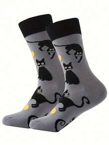 1 Pair Of Black Cat Sheriff Cartoon Printed Crew Socks - Playful Gray With Orange Accents, Soft And Comfortable Casual Socks, Cat Pattern Design, Fall - Multicolor - View 1