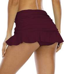 Halcurt Women's Low Waisted Ruched Ruffle Swim Skirts With Hipster Bikini Bottoms Tummy Control Swimsuit - Burgundy - View 4