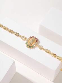 1pc Fashion Simple Luxury Glitter Copper Inlaid Flower Petal Hollow Embossed Virgin Mary Bracelet, Suitable As Gift For Mother/Father's Day/Siblings/Couples/Friends, Daily/Holiday Wear, Praying - Yellow Gold - View 10