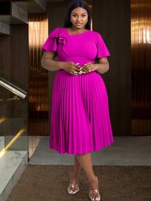 Plus Size Women Asymmetric Neckline Elegant Ruffle Sleeve A-Line Dress, Suitable For Commute, Graduation Ceremony, Church Service, Graduation Gown Summer - Hot Pink - View 4