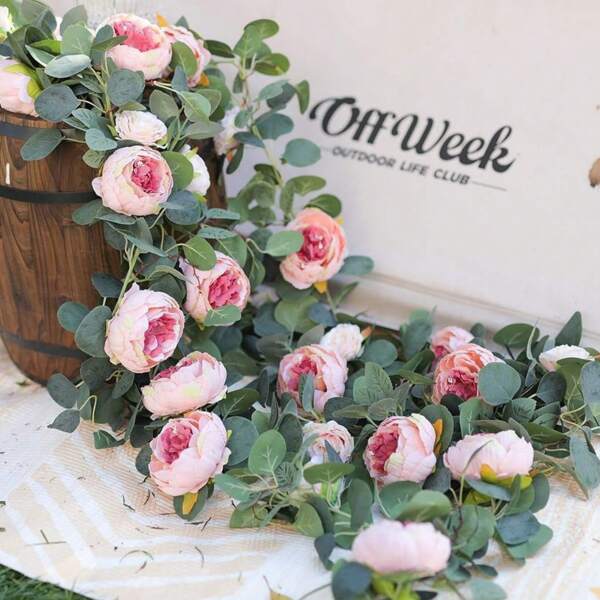 1pc Outdoor Artificial Rattan Garland, Peony Vine Decorations, Holiday Wedding Celebration Decor