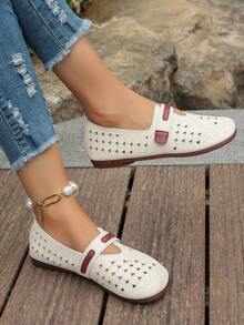 Women's Floral Hollow Lace-Up Flat Comfortable Breathable Casual Loafers - White - View 3
