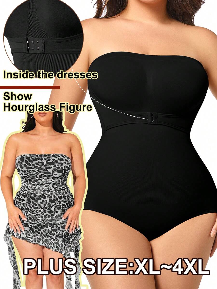 Plus Size Women Strapless Shapewear Bodysuit Tummy Control Butt Lifter Push Up Bust Full Body Shaper Tube Top Invisible Under Dresses For Wedding Party - màu đen - Xem 1