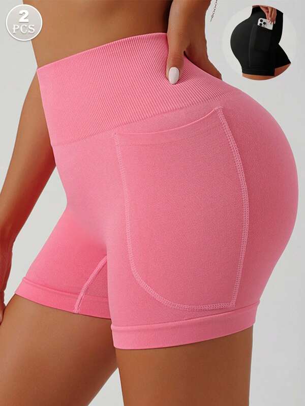 2pcs Women High Waisted Yoga Shorts With Side Pockets, Multicolor