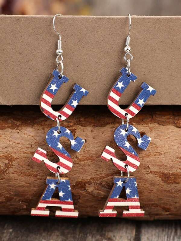 1 Pair New Retro Fashion Independence Day USA Letter Design Earrings, Creative Letter USA Wooden Long Tassel Earrings For Women