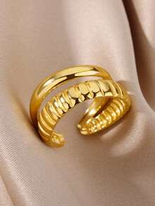 1 件时尚朋克风格编织几何双层空心不锈钢戒指，18K 镀金贝壳纹理双层设计，男女通用，适合日常佩戴，送给朋友的礼物