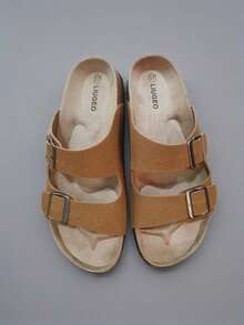 أحذية سوليد كوتر عصرية ذات أشرطة مزدوجة وإبزيم مربع، أحذية صيفية مريحة وسهلة الارتداء للخارج والشاطئ والمنتجعات السيدات، أحذية جلدية منزلقة بطابع جنسي مقاومة للانزلاق وصلبة - بني فاتح - مشاهدة 4