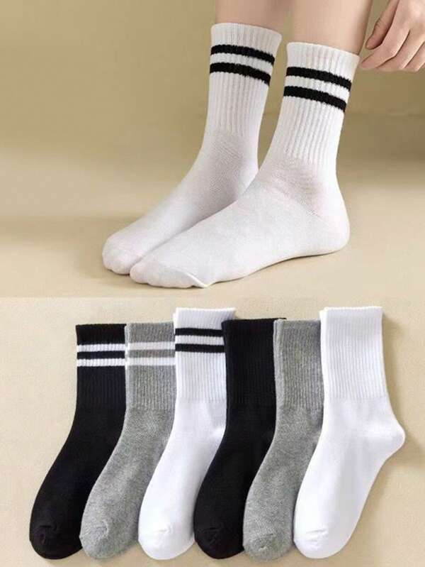 5 pares de calcetines tipo crew para mujer, a rayas en blanco y negro, transpirables, de secado rápido, resistentes al olor, en estilo deportivo sencillo, apropiados para uso diario