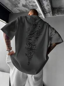 大码男式夏季圆领航海地图印花T恤