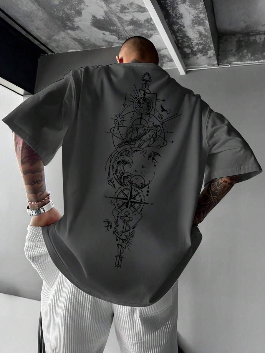 大码男式夏季圆领航海地图印花T恤