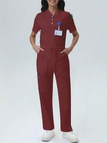 Women's Scrub Pants, Comfortable Pants, Solid Color Simple Multi-Pocket Pants Spring - Burgundy - View 8