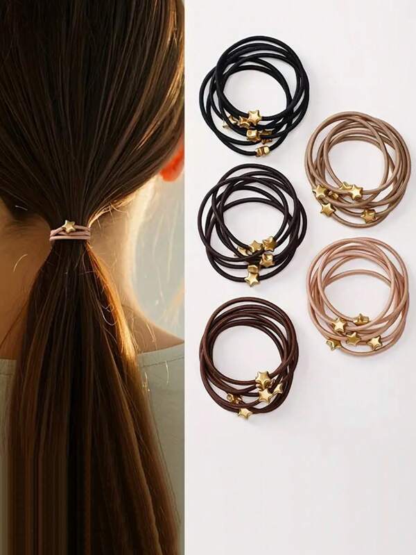 Set de 5 ligas para el cabello con encantos estilo bohemio de estrella, ligas de pelo elásticas de hebras múltiples, accesorios de pelo vintage, joyería para el cabello (marrón y negro), ligas para el cabello, accesorios para el cabello, sujetadores de coleta, ligas de goma para el cabello