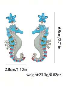 1pc Fashionable Elegant Ocean Holiday Style Geometric Rhinestone Inlaid Star & Seahorse Colored Symmetrical Dangle Earrings