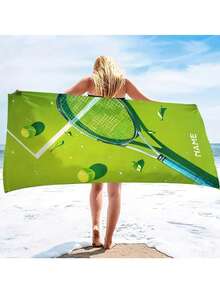 1pc Tennis Themed Beach Towel - Supersoft Quick-Dry Polyester Knit, Lightweight 30x60 Inch Rectangular Towel With Vivid Tennis Racket & Ball Design, Customizable Name/Logo, Suitable For Summer, Swimming, Camping - Modern Gift Idea, Tennis Accessory - Multicolor - View 7