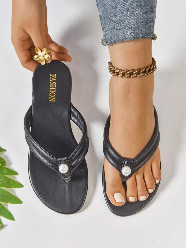 Chanclas de mujer de unicolor nuevo con decoraciones de perlas y rhinestones, cómodas y versátiles, clásicas y elegantes, adecuadas para atuendos casuales diarios, compras, fiestas, viajes y playa