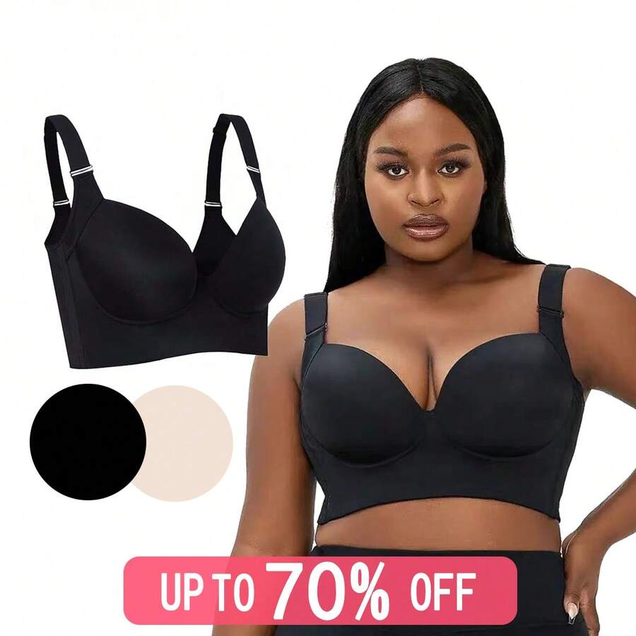 PHILIBERTY Back Smoothing Bra Push Up Bra Hide Back Fat No Underwear Simple Full Coverage Comfort Seamless Bra For Women - Bridal - Black - View 1