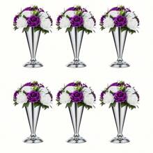 6 Pcs Tabletop Metal Wedding Flower Vase, Tall Table Decorative Centerpiece, Artificial Flower Arrangements For Wedding Party Dinner Event Hotel Home Decor Mother's Day Gift Plastic Flowers(Gold And Silver)