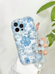 Cream Patterned Wavy Edged Glossy Floral Painted Anti-Drop Phone Case With Handmade Beaded Flower Bracelet Accessories, Compatible With IPhone 16/11/16pro/16plus/16promax/16e/15Promax/13/14/12/XS/XR/7G/8P, Galaxy 11/12Pro/12/12X/13Pro/14Pro/15Pro/, Redmi 10/9/Note9/12c/Note11pro/Note8Pro Waterproof Shockproof Scratch Resistant