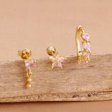 3 件粉色水晶花心形耳环，女士时尚 18K 镀金不锈钢和铜几何耳钉吊坠耳环，奢华珠宝，情人节、妈妈、母亲节礼物 - 3pcs Earrings set - 查看 1