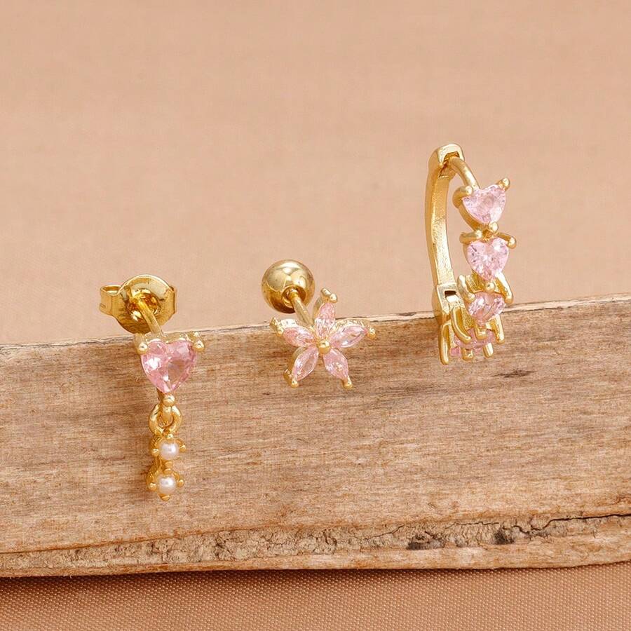 3 件粉色水晶花心形耳环，女士时尚 18K 镀金不锈钢和铜几何耳钉吊坠耳环，奢华珠宝，情人节、妈妈、母亲节礼物 - 3pcs Earrings set - 查看 1