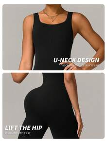 Yefecy 一件纯色连体裤 高弹力跑步健身运动服 无缝瑜伽运动连体裤 黑色 - 黑色 - 查看 8