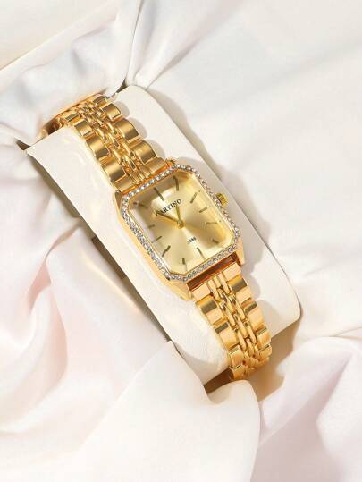 CARYINO 1pc Stainless Steel Strap Watch, Classic Square Shape, Elegante Versatile Inlaid Zirconia Quartz Wear, Business, Parties view 2