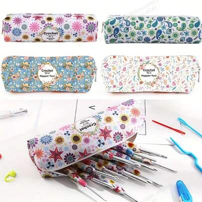 1pc/5pcs Crochet Hook Case, Zipper Storage Organizer Bag For Crochet Hooks, Knitting Accessories, Lightweight And Easy To Hold, Printed Pattern, Suitable For Knitting Enthusiasts And Beginners